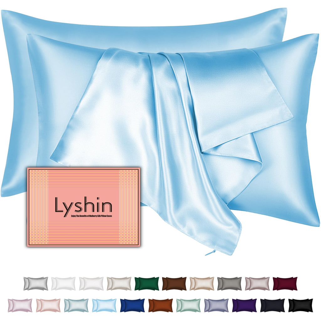Silk Pillow Cases 2 Pack Standard Size with Hidden Zipper, Mulberry Silk Pillowcase for Hair and Skin, Smooth and Soft Breathable Cooling Silk Satin Pillowcase Set of 2, Gifts for Women，Sky Blue