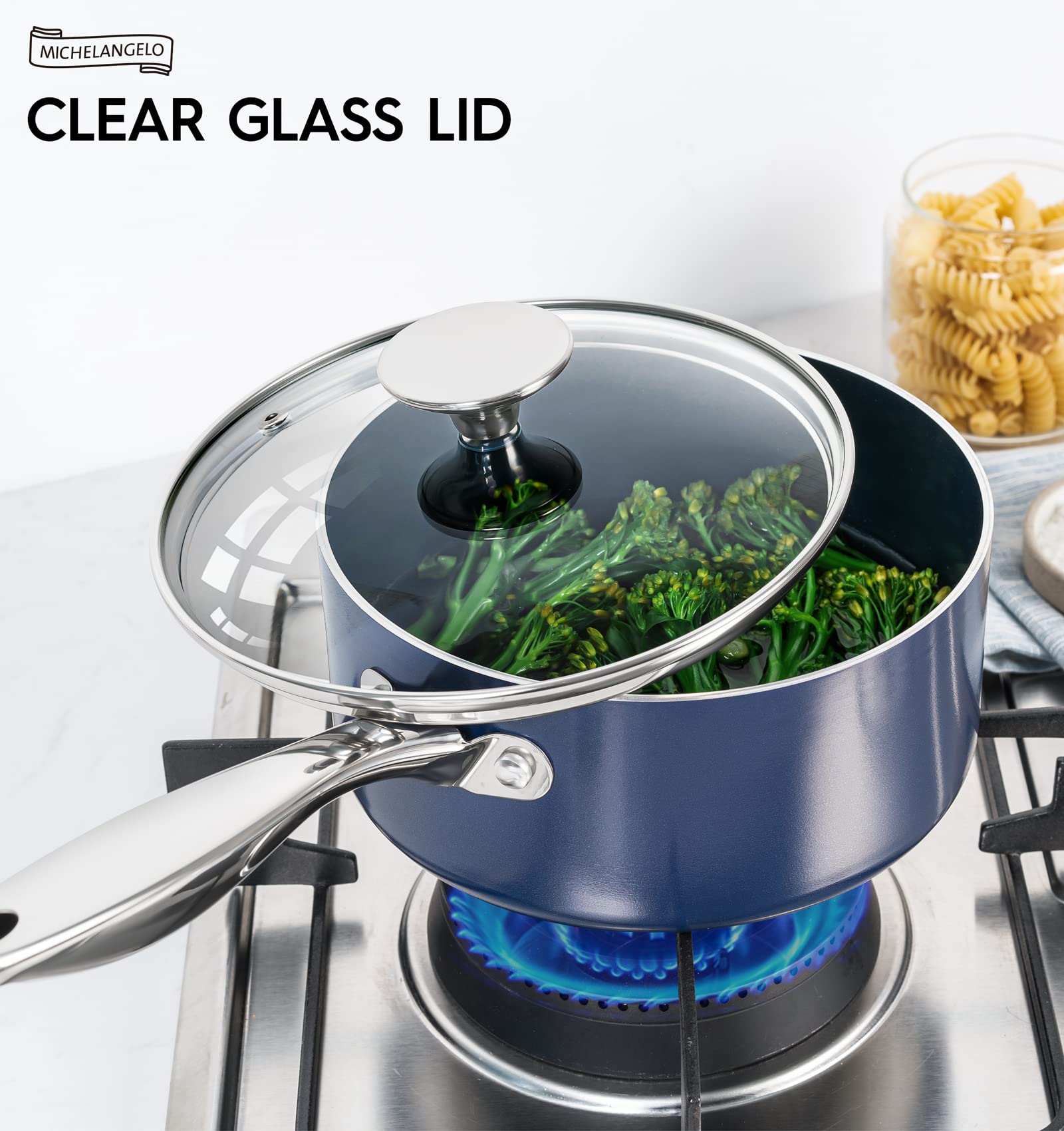 MICHELANGELO 4 Quart Saucepan with Lid, Nonstick Ceramic Sauce Pan with Stainless Steel Handle, 4 Qt Saucepan with Lid Induction Compatible, Oven Safe, Blue