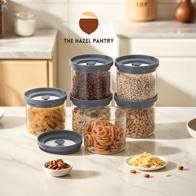 THE HAZEL PANTRY Glass Canisters with Airtight Lids Set of 6 (17.5 oz) - Borosilicate Glass Jars for Overnight Oats, Meal Prep & Pantry Storage, Stackable, BPA-Free, Dishwasher Safe Kitchen Containers