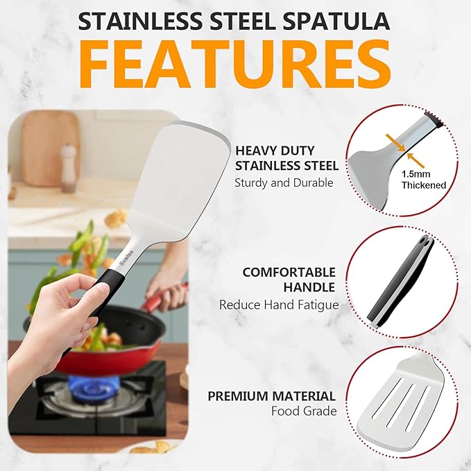 Svailse 13.4 in Stainless Steel Spatula Set of 2, Heavy Duty Solid & Slotted Metal Spatula with Silicone Handle for Cast Iron Skillet, Egg, Burger and Grilling, Large