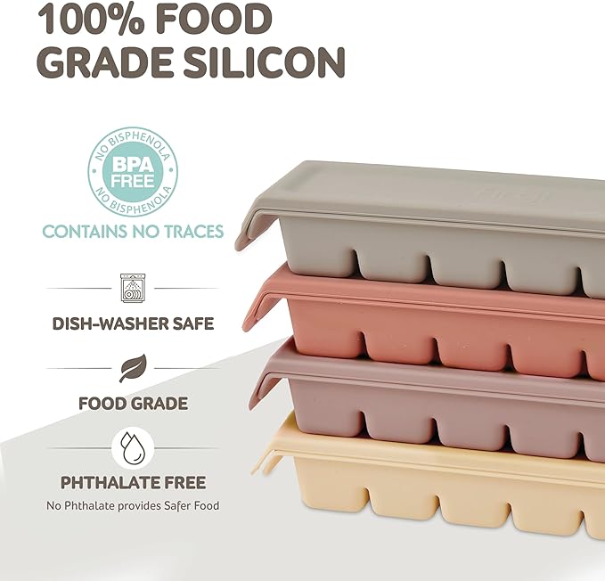 Firgi Silicone Ice Cube Freezer Tray with Lid, 100% Food-Grade Platinum Silicone,Leak Resistance & Dishwasher Safe for Baby Food Prep,Breast Milk,Purees - Korean Made (4 Sets 1 oz/6 Sections)
