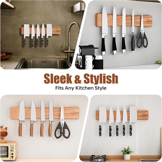 KORELION WOOD Magnetic Knife Strip, 16 Inch Oak Magnetic Knife Holder for Wall with N52 Super Strong Magnets, Premium Wooden Knife Magnetic Strip Organizer for Kitchen Knives, Tools,No Drilling