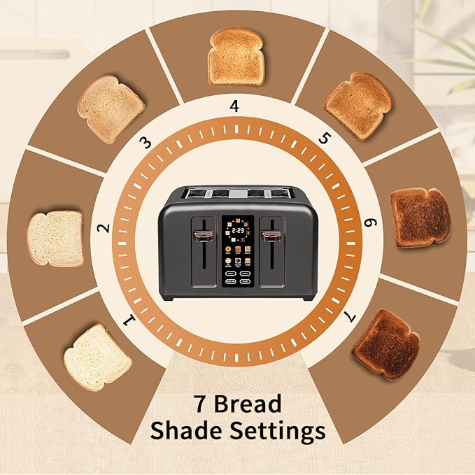 SEEDEEM Touchscreen Toaster 4 Slice, 7 Shade, Stainless, 1800W Dark Metallic