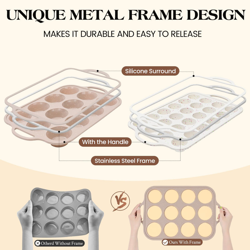 Vinino 2Packs Silicone Muffin Pans for Baking with Metal Reinforced Frame, 12 Cups Regular and 24 Cups Mini Nonstick Cupcake Pan, BPA Free Oven Dishwasher Safe Baking Mold for Muffins Cupcakes
