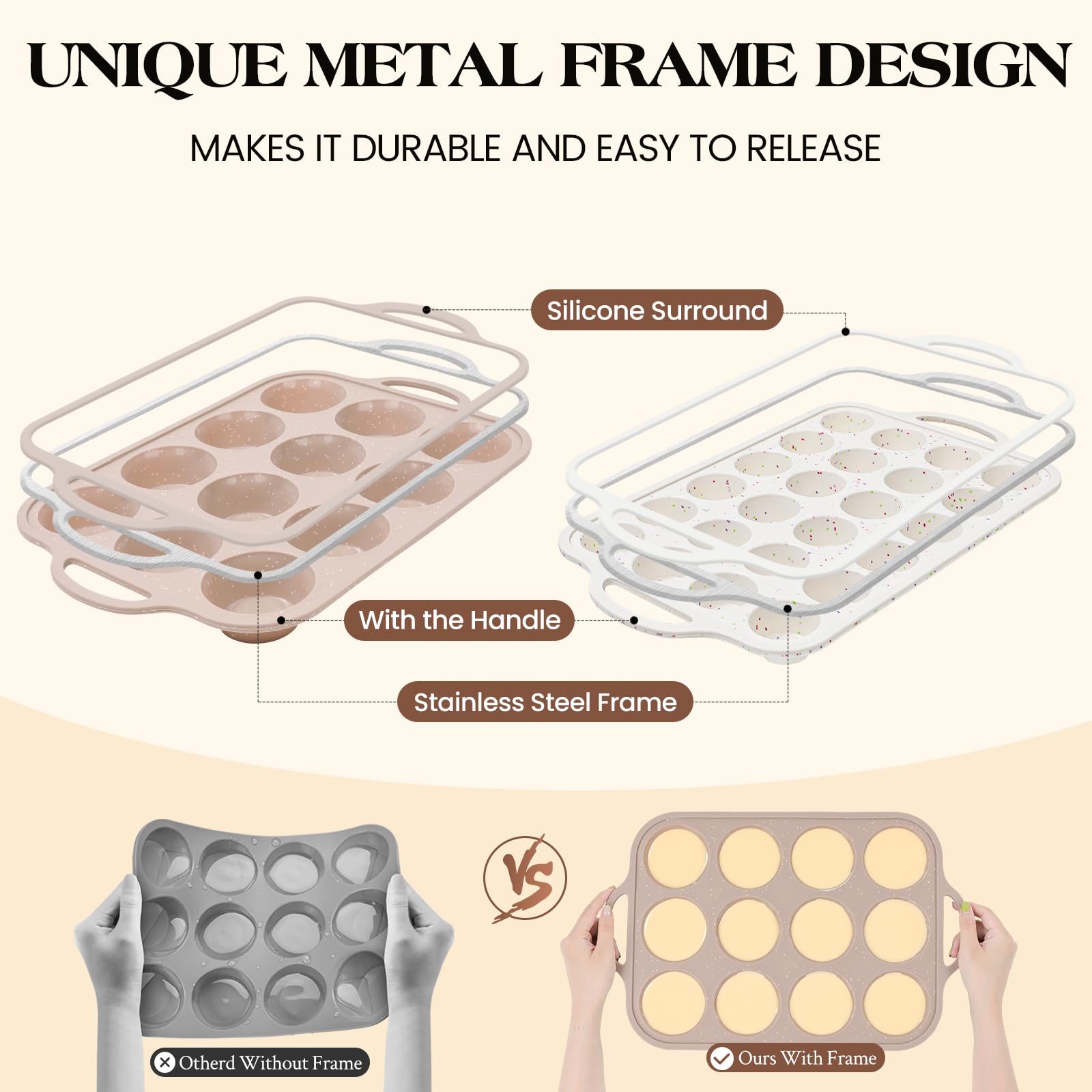 Vinino 2Packs Silicone Muffin Pans for Baking with Metal Reinforced Frame, 12 Cups Regular and 24 Cups Mini Nonstick Cupcake Pan, BPA Free Oven Dishwasher Safe Baking Mold for Muffins Cupcakes