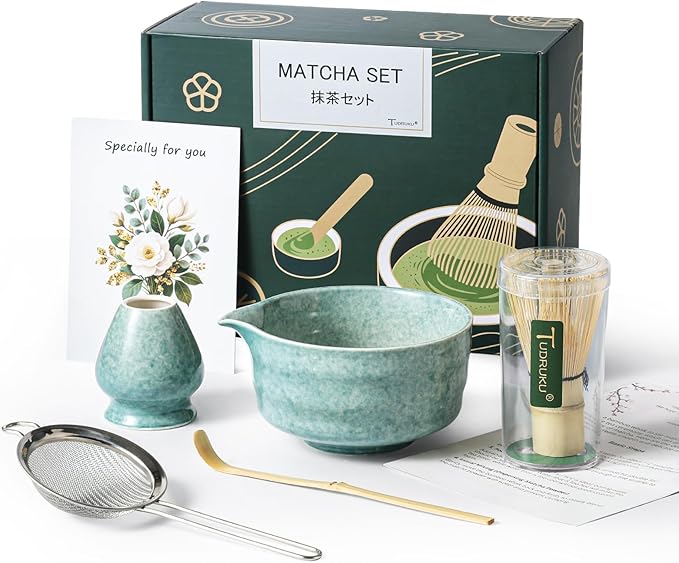 TUDRUKU Matcha Whisk Set, 5-Piece Bamboo Kit with Spout Bowl, Bluish Green