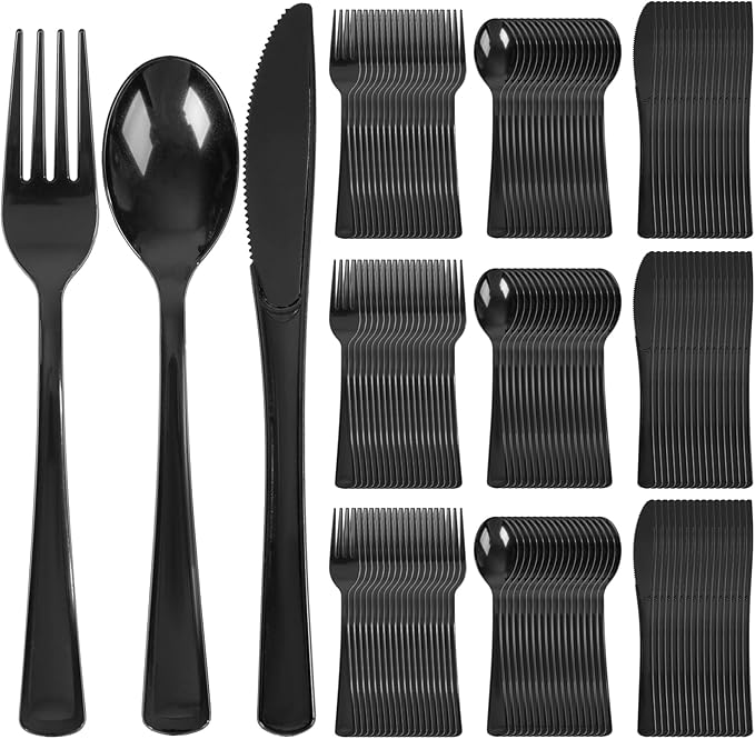 Supernal 300pcs Black Plastic Silverware, Disposable Cutlery Set