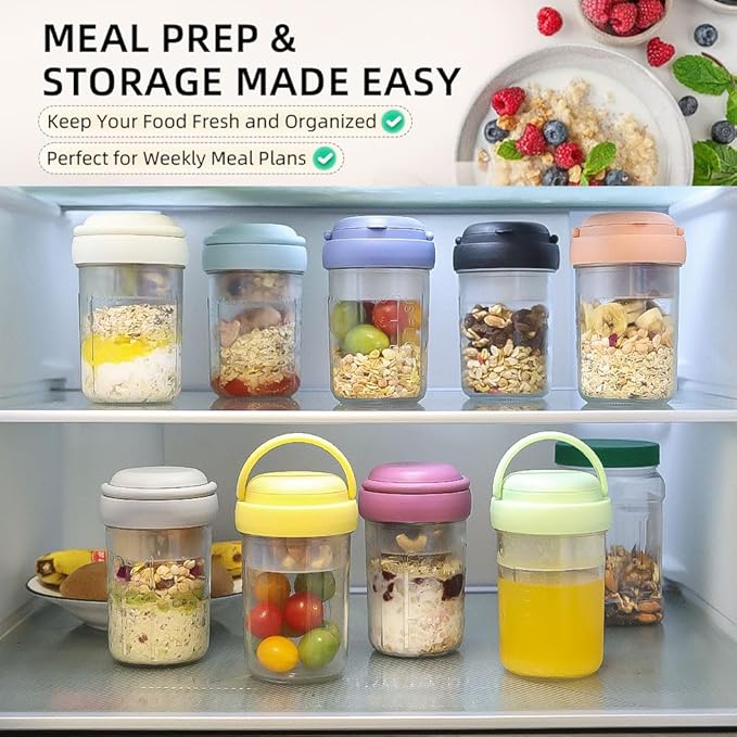 UWILLION 4 Pack Overnight Oats Containers with Handles, 16 oz Glass Mason Jars with Lids, Folding Spoons & Topping Compartments, Yogurt Parfait Cups for Weekly Meal Prep, Chia Pudding & Snacks
