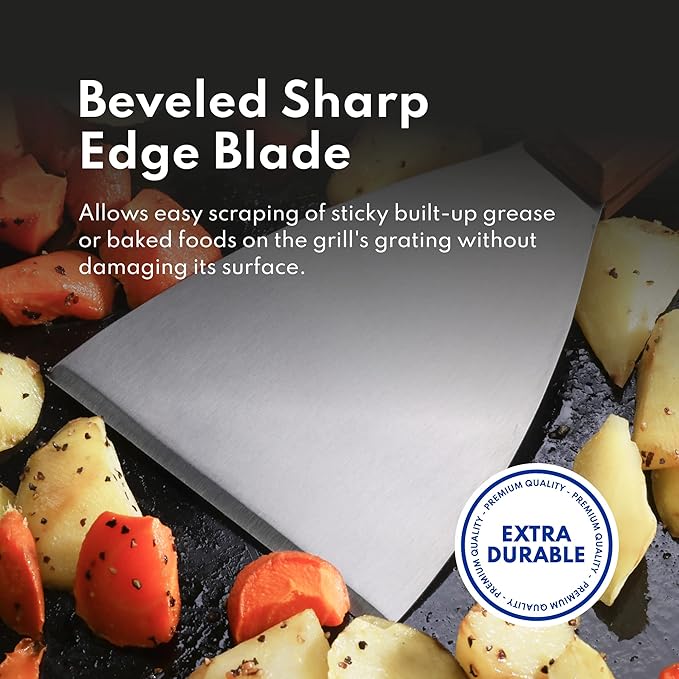 New Star Foodservice Stainless Steel Slant Edge Grill Scraper with Black Plastic Handle, 4 x 8.5 Inch Restaurant Grade Griddle Scraper, Flat Top Scraper, Grill Cleaning Tool