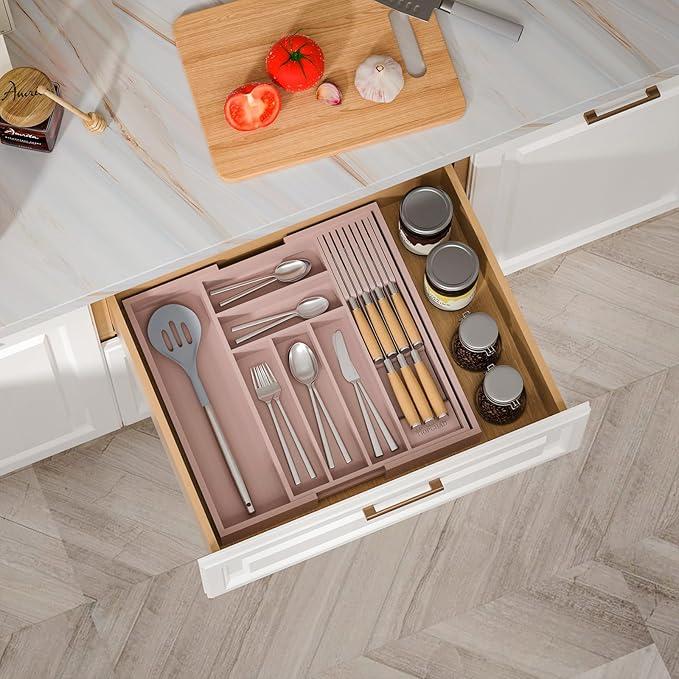 TIOPGHAD Expandable Bamboo Silverware Drawer Organizer Tray, Grey Pink