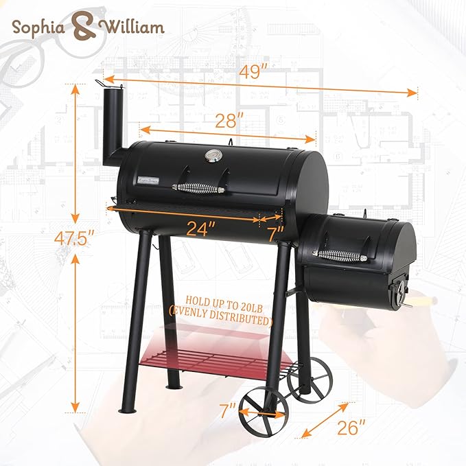 Sophia & William Charcoal Grill with Offset Smoker 512 Square Inches
