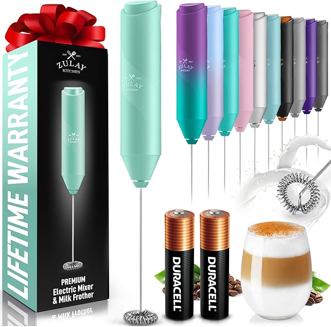 Zulay Kitchen Powerful Milk Frother AA Batteries Included – Ultra Fast Handheld Drink Mixer with Stainless Steel Whisk Stirrer for Coffee, Protein, Matcha & More, Frother Wand Electric Frothmate