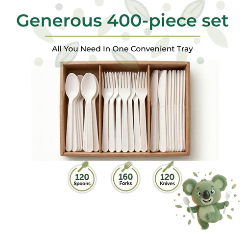 100% Compostable Forks Spoons Knives Cutlery 400 Count 7Inch Heat Resistant Eco Friendly Disposable Cutlery Biodegradable Silverware Alternative to Plastic Compostable Utensils Bulk In Convenient Tray