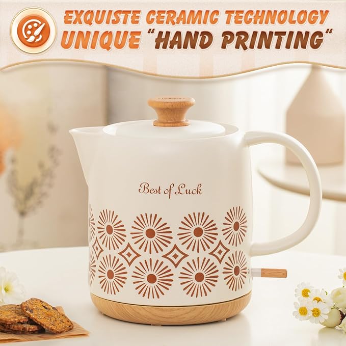 LONGSEED 1 Quart Ceramic Electric Kettle, 1000W Fast Boil Retro Tea Pot with Auto Shut-Off & Boil-Dry Protection, Floral Porcelain Hot Water Boiler with LED Light for Home & Kitchen