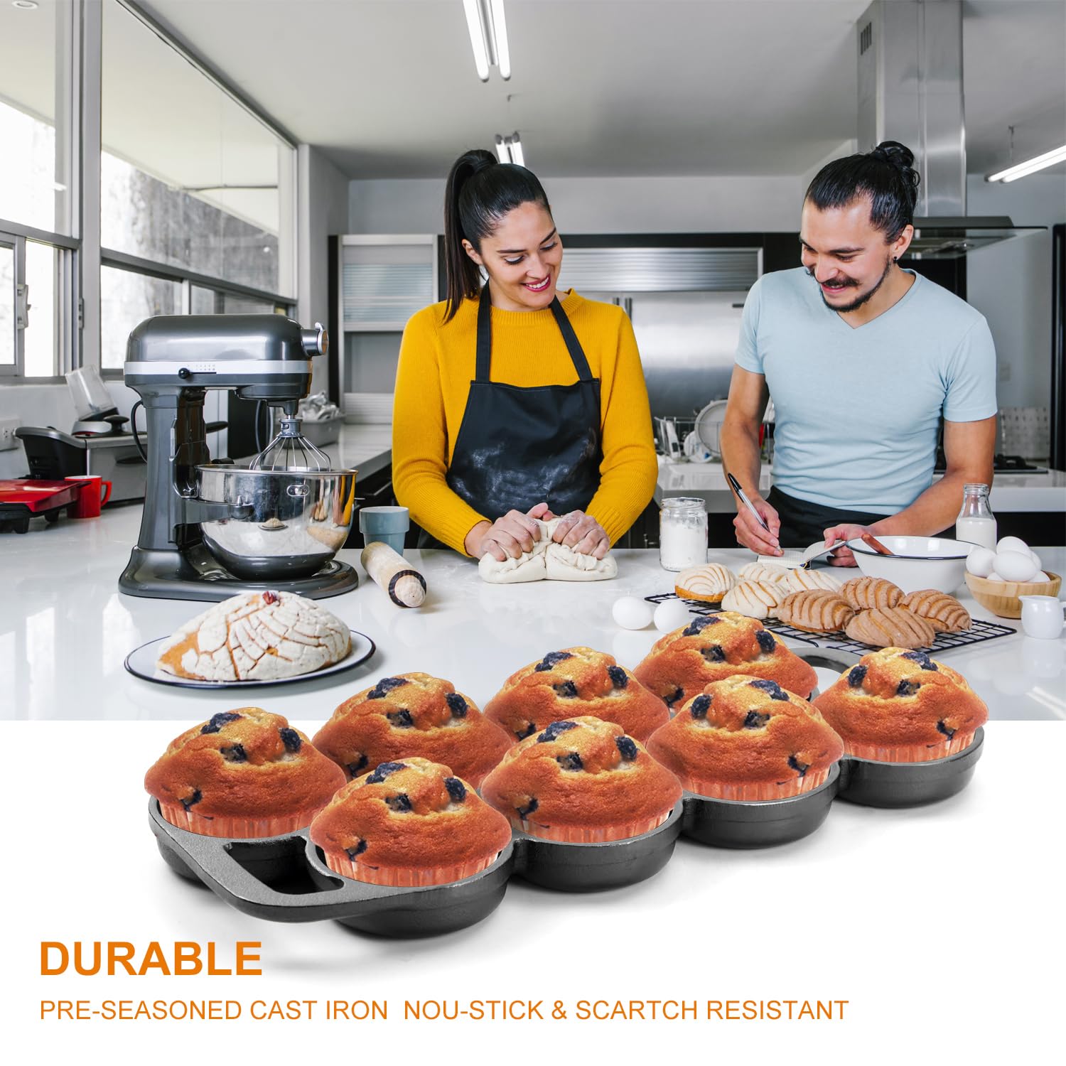 DVK Cast Iron Muffin Pan - Heavy Duty Cupcake Pan Muffin Tin, Non-Warping Even Heat Distribution for Perfect Cupcakes, Mini Cakes, Tarts, Quiches Ideal for Home Bakers Professional Chefs