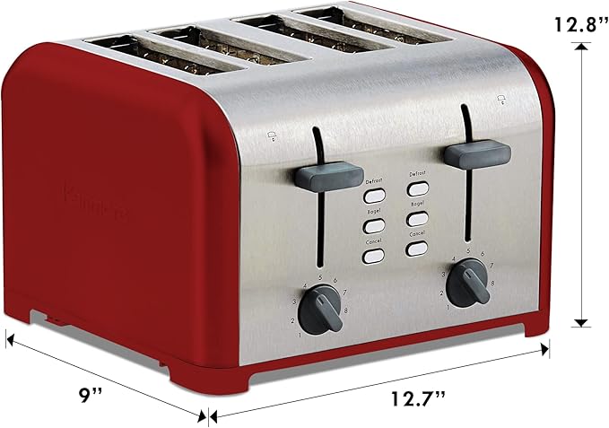 Slice Toaster, Red Stainless Steel, Dual Controls, Extra Wide Slots, Bagel and Defrost Functions, 9 Browning Levels, Removable Crumb Trays, for Bread, Toast, English Muffin, Toaster Strudel