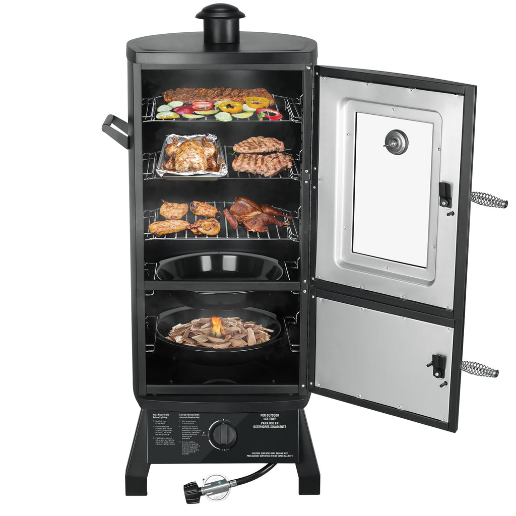 Propane Smoker with Cover, Vertical Meat Gas Smoker Grill Outdoor Heavy Duty 3 Removable Smoking Racks, Black