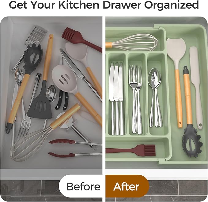 ukeetap Extra Large Expandable Silverware Organizer, Flatware Tray, Green