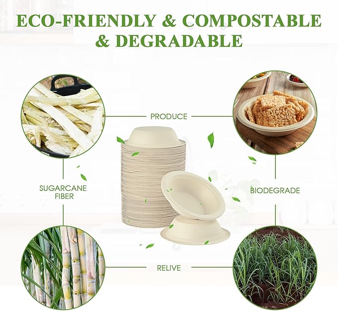 Vplus 200 Pack 12 OZ Compostable Paper Bowls, Bagasse Bowls，Nature