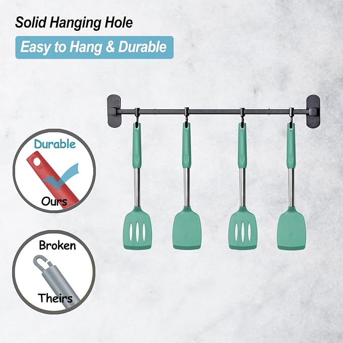 2 Pack Spatulas, Solid & Slotted Silicone Spatula Set, Stainless Steel Handle Coated with Silicone, Non Stick Turners, Heat Resistant Rubber Spatulas for Fish, Eggs, Pancakes, WOK, Teal