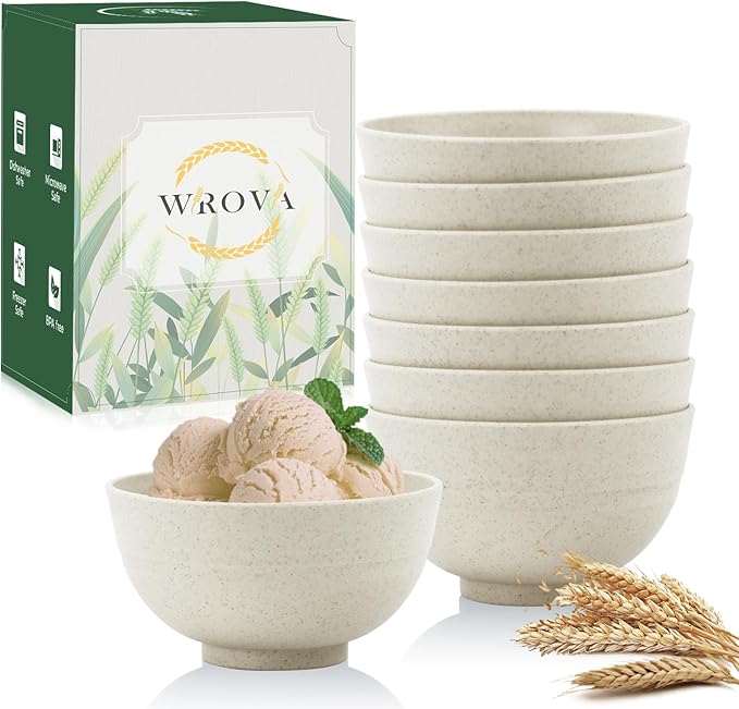 Wrova wheat straw dessert bowls 10oz set of 8 - Unbreakable snack Bowls for kids - Mini Bowls for Ice Cream,Snack and Fruits - Microwave & Dishwasher Safe Appetizer Bowl Sets - Beige