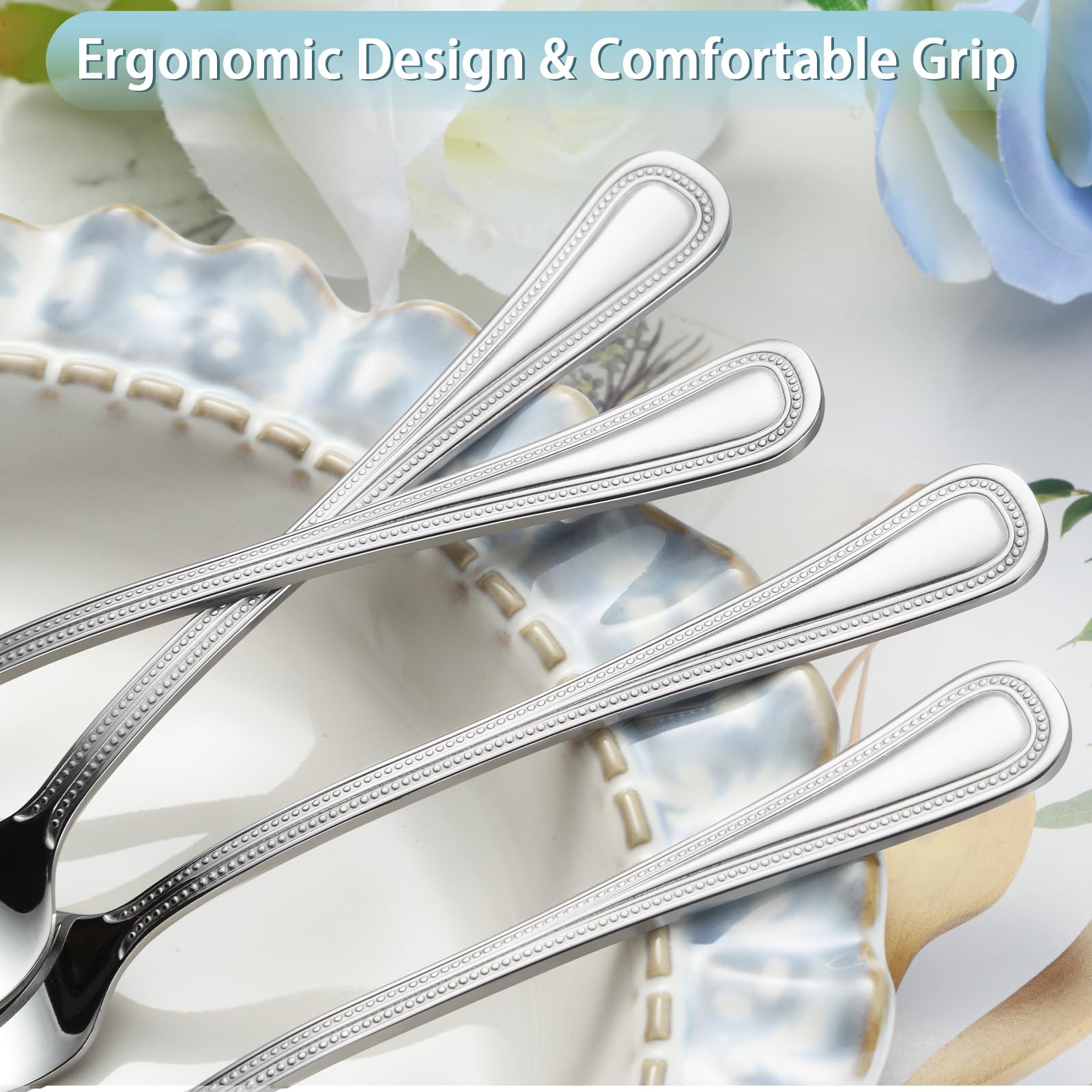 Gymdin 24 Pieces Teaspoons Set, 6.4 Inches Spoon Set, Stainless Steel Silverware, Small Spoons with Pearl Dot Design Handle, Dishwasher Safe, Tea Spoons Suitable for Home and Restaurant