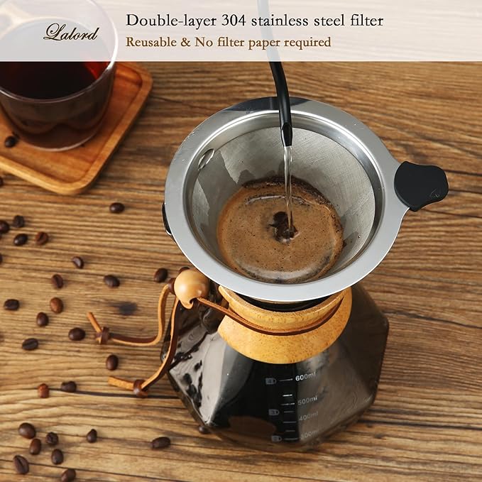 Lalord Pour Over Coffee Maker, 600ml/20oz Borosilicate Glass Carafe, Stainless Steel Filter, Wooden Collar, 3-4 Cups Serving, Gray