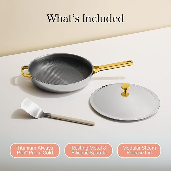 Our Place Titanium Always Pan Pro | 10.6" PFAS-Free Nonstick Frying Pan with Spatula | Chef-Grade Tri-Ply Stainless Steel & Aluminum Build | Induction & Oven-Safe up to 750°F | Gold
