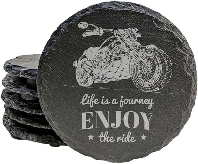 Engraved Enjoy The Ride Slate Coasters Set of 4 – Round – Made in USA