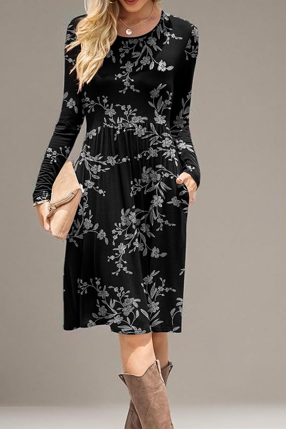 DB MOON Women Casual Long Sleeve Dresses Empire Waist Loose Dress with Pockets (White Flower Black, L)