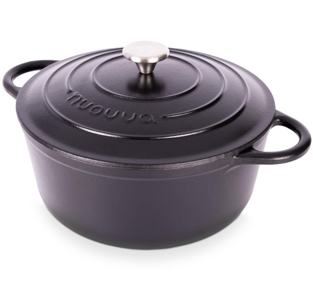 Nuovva Enamelled Cast Iron Dutch Oven Pot with Lid – 6.4 Quart Non Stick Casserole Pot – Heavy Duty & Oven Safe up to 500° F for Bread Baking, Braising, Stews, Roasting – 28cm Black