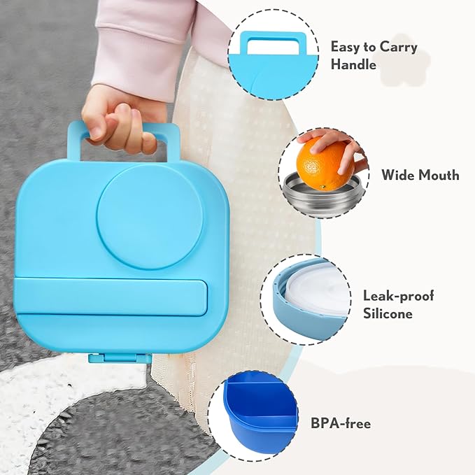 BOSEDSANG Bento Lunch Box for Kids with 12oz Soup Thermo,4 Compartments Lunch Box Containers Kids, Spoon&Sauce Jar, BPA Free&Leak proof,Insulated Food Jar for Travel((Blue)