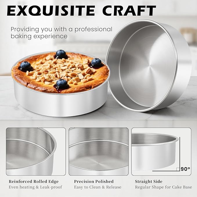 tutikuki 8 Inch Cake Pan - 3PCS Stainless Steel Round Layer Cake Baking Pans with 100 PCS Parchment Paper, Round Bakeware for Party Birthday Wedding, Mirror Finish & Dishwasher Safe