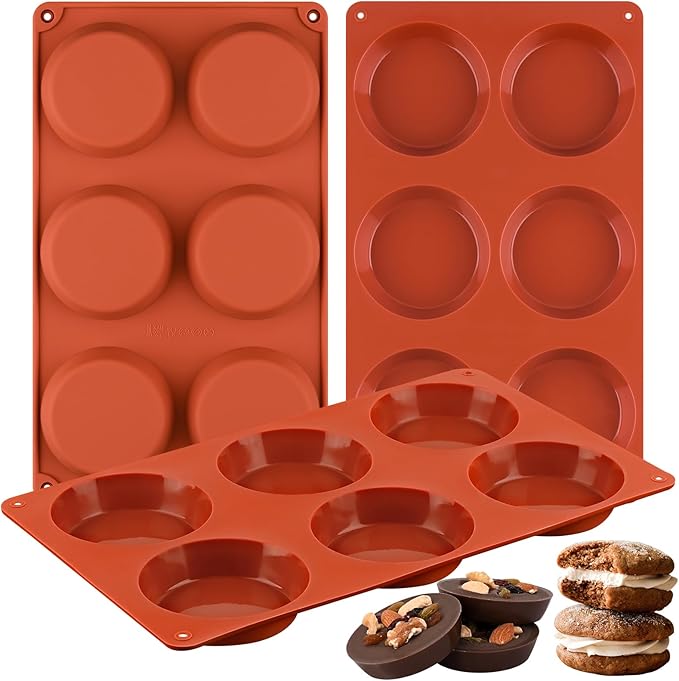 Sakolla 3 Pack Muffin Top Pans, 6 Cavities Silicone Egg Molds for Breakfast Sandwiches, Whoopie Pies, Hamburger Bun, English Muffins, Tarts, Corn Bread (Brick Red)