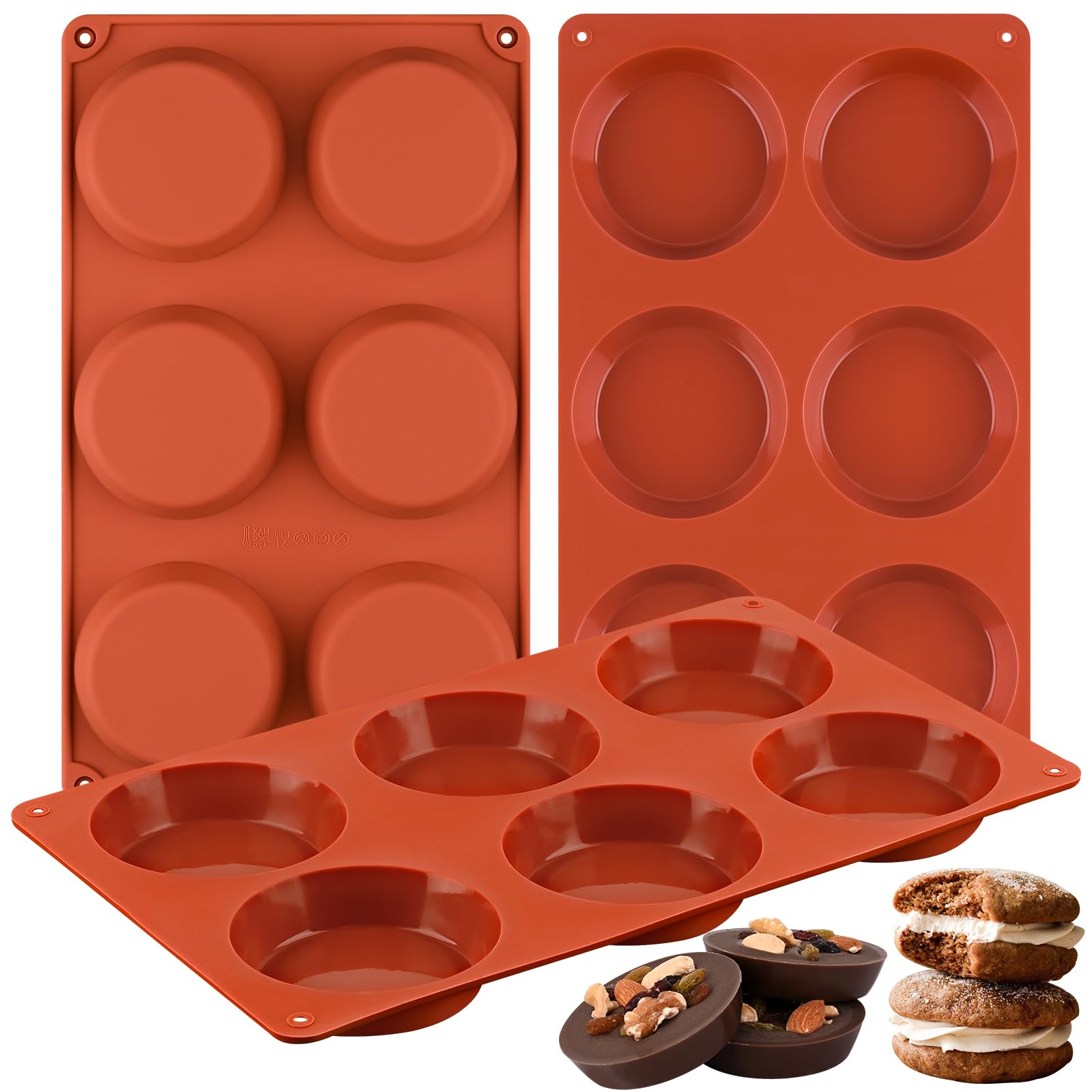 Sakolla 3 Pack Muffin Top Pans, 6 Cavities Silicone Egg Molds for Breakfast Sandwiches, Whoopie Pies, Hamburger Bun, English Muffins, Tarts, Corn Bread (Brick Red)