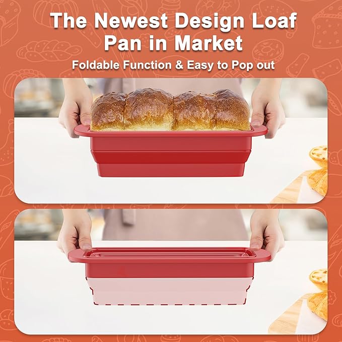 2 Packs of Collapsible Silicone Bread Loaf Pan With Foldable Function and Metal Reinforced Frame,Rectangular Non-Stick Baking Mold Pans for Oven, Bread, Cake, Easy Release(9"x4"x2.5", Red, 2 Pieces)