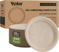 Vplus 500 Pack Compostable Bagasse Paper Plates 10.25 inch, Nature