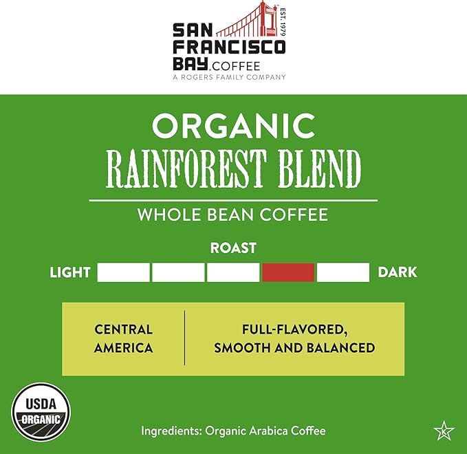 San Francisco Bay Whole Bean Coffee, Organic Rainforest Blend (32 oz Bag), Medium-Dark Roast, USDA Organic Coffee Beans