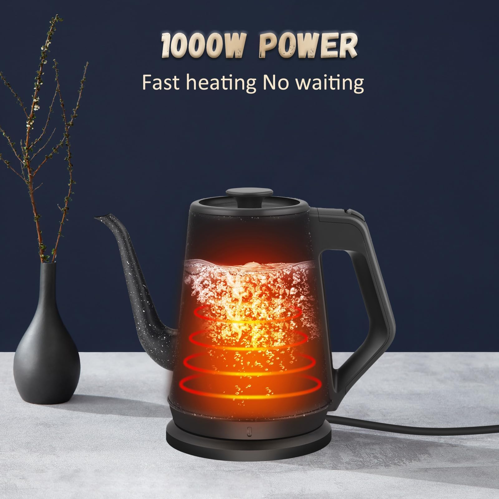 Tuehakny Gooseneck Electric Kettle 1L, 1000W Stainless Steel, Black