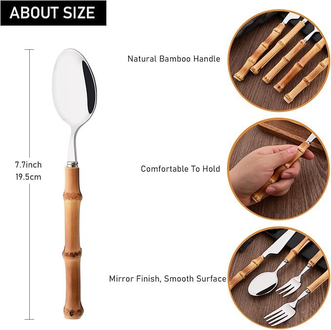 Uniturcky 8-Piece Bamboo Handle Dinner Spoon Set, Stainless Steel Spoons for Kitchen Home and Restaurant, Mirror Polished, 8.03 inch