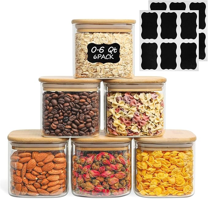 ComSaf Square Glass Containers With Lids 0.6 Qt, Set of 6 Small Galss Jars