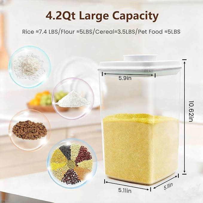 Melovom Pop Airtight Food Storage Containers Set with Lids, Large 4.2Qt/4L Food Containers with Scoop, Kitchen Pantry Organization and Storage, BPA Free Stackable Cereal Container (2 * 4.2Qt)