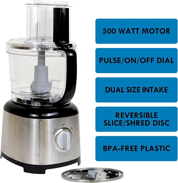 Kenmore 11-Cup Food Processor and Vegetable Chopper with Reversible Slicing/Shredding Disc, Chop, Slice, Shred, Mince, Grate, Puree, Stainless Steel, 500W, Black and Silver