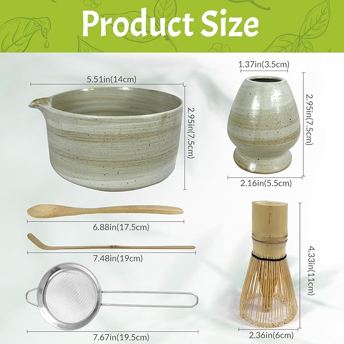 GEXHSRGD Matcha Whisk Set 6 pc Kit - Traditional Japanese Chasen, Bamboo Whisk Holder, Ceramic Bowl with Spout, Sifter & 2 pc Spoons - matcha kit set, Gift for Matcha Tea Lovers(Gray)