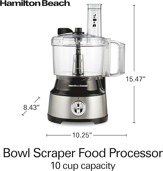 Hamilton Beach Food Processor & Vegetable Chopper for Slicing, Shredding, Mincing, and Puree, 10 Cups + Easy Clean Bowl Scraper, Stainless Steel (70730)