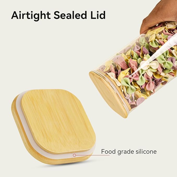 Glass Spaghetti Pasta Storage Container - 5 Pack Airtight Food Storage Jar Set with Bamboo Lid Labels - Square Kitchen Pantry Canister Organizers for Cookies Candy Coffee Bean Sugar Tea Spice Flour