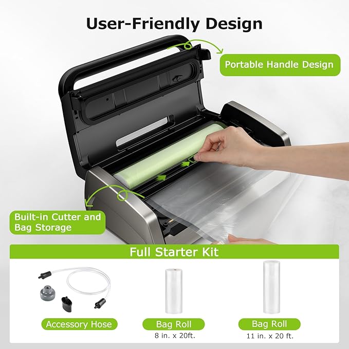 Bonsenkitchen Vacuum Sealer with Easy Handle Design,1 Bag Roll & 10 Bags