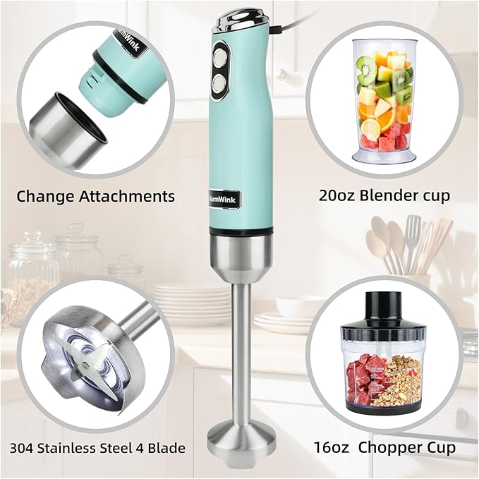 WarmWink Hand Blender, Powerful 4 in 1 600w Corded Immersion Blender Handheld with Stainless Steel Attachment, Small Food Processor & Stick for Kitchen, Emergen useful immersion blender