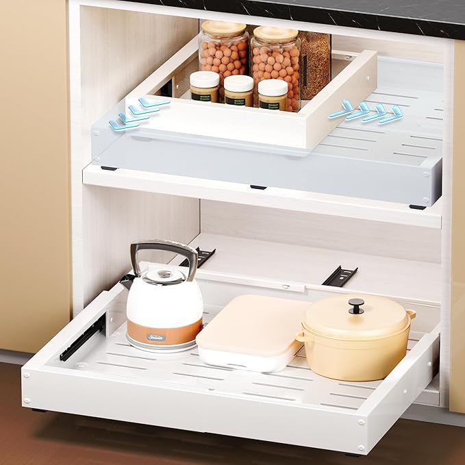 Makfoner 2 Pcs Pull Out Cabinet Organizers, Width (12"-19") and Depth (17"-23") Expandable With 3 Slides, No Drill Slide out Drawers Adhesive Film or Nail Cabinets Without Lip in Kitchen, Bathroom