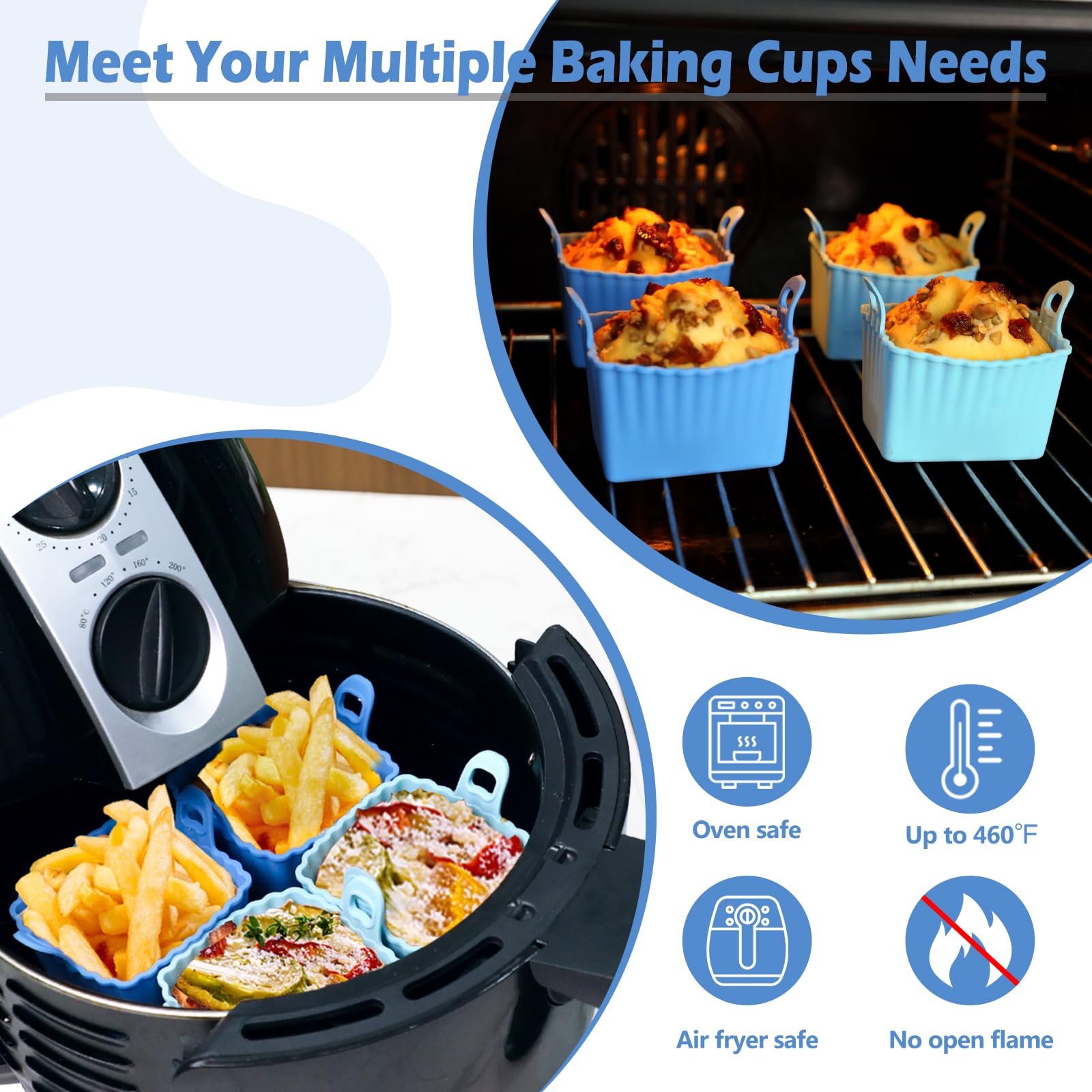 Koluti Reusable Egg Bites Silicone Mold Set of 4, Nonstick Muffin Baking Cupcake with Double Handle, Small Square Air Fryer Cupcake Liners, 2 Color